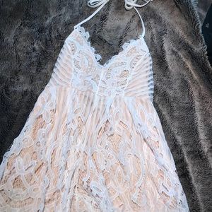 Cream and white lace up back romper